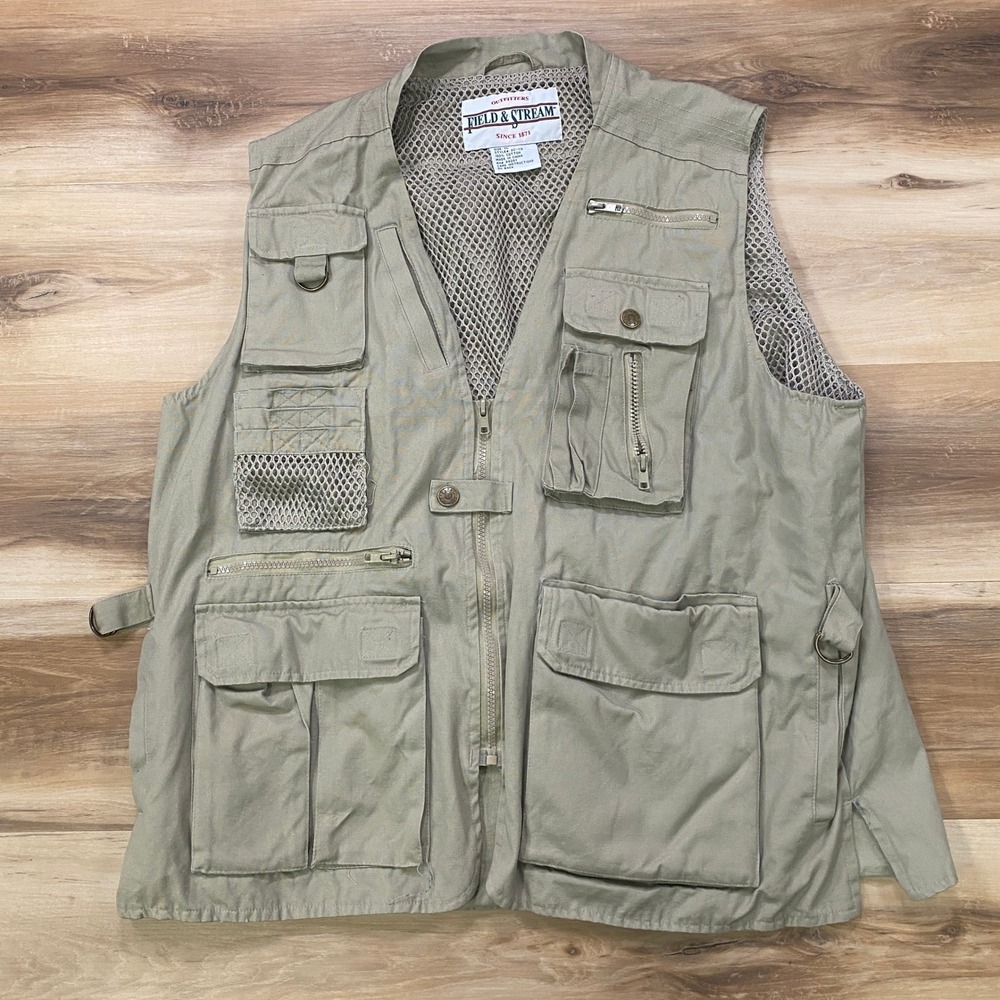 Field & Stream Fishing Vest XL Utility Multi Pocket Cotton Mesh Khaki Tan Vtg